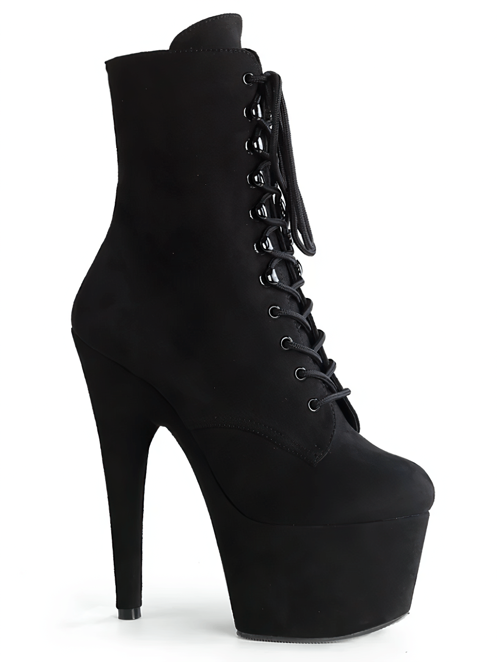 Bold black lace-up ankle boots with 7-inch heel and platform for striking style.