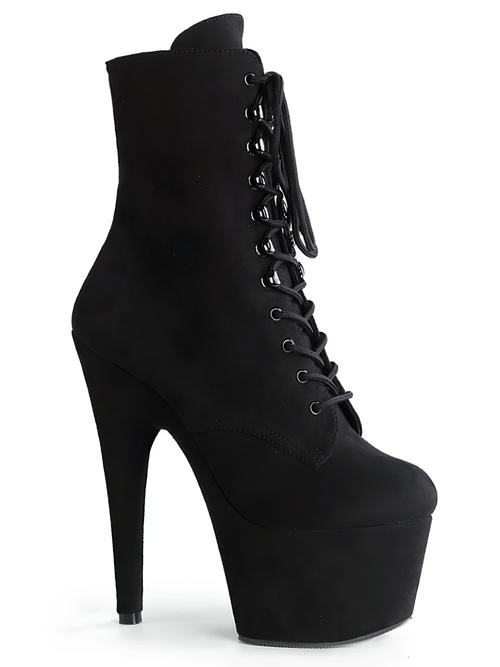 PLEASER 黒の編み上げ足首ブーツ ヒールと厚底付き