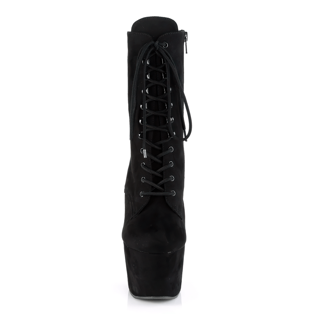 Stylish black lace-up ankle boots with high heel and platform, perfect for a bold fashion statement.