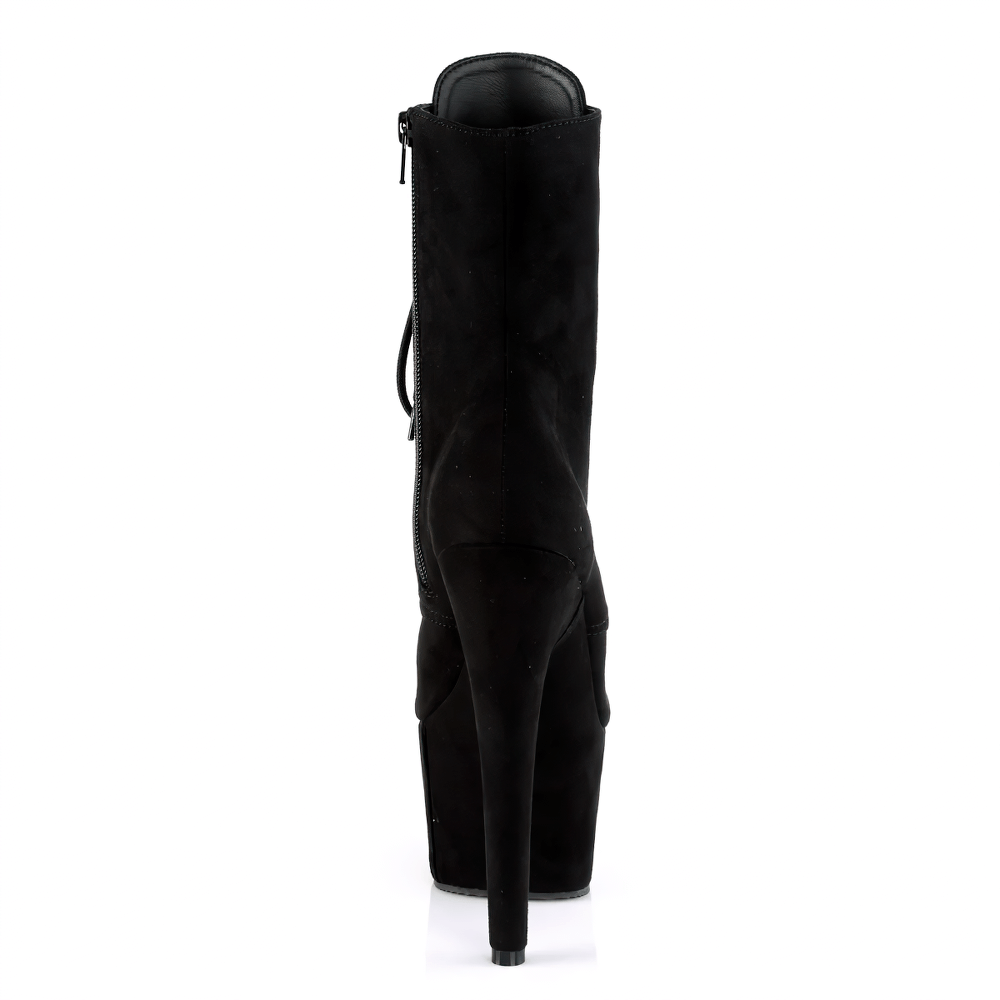 Back view of PLEASER black lace-up ankle boots with a 7-inch heel and zip closure, showcasing edgy style and sophistication.