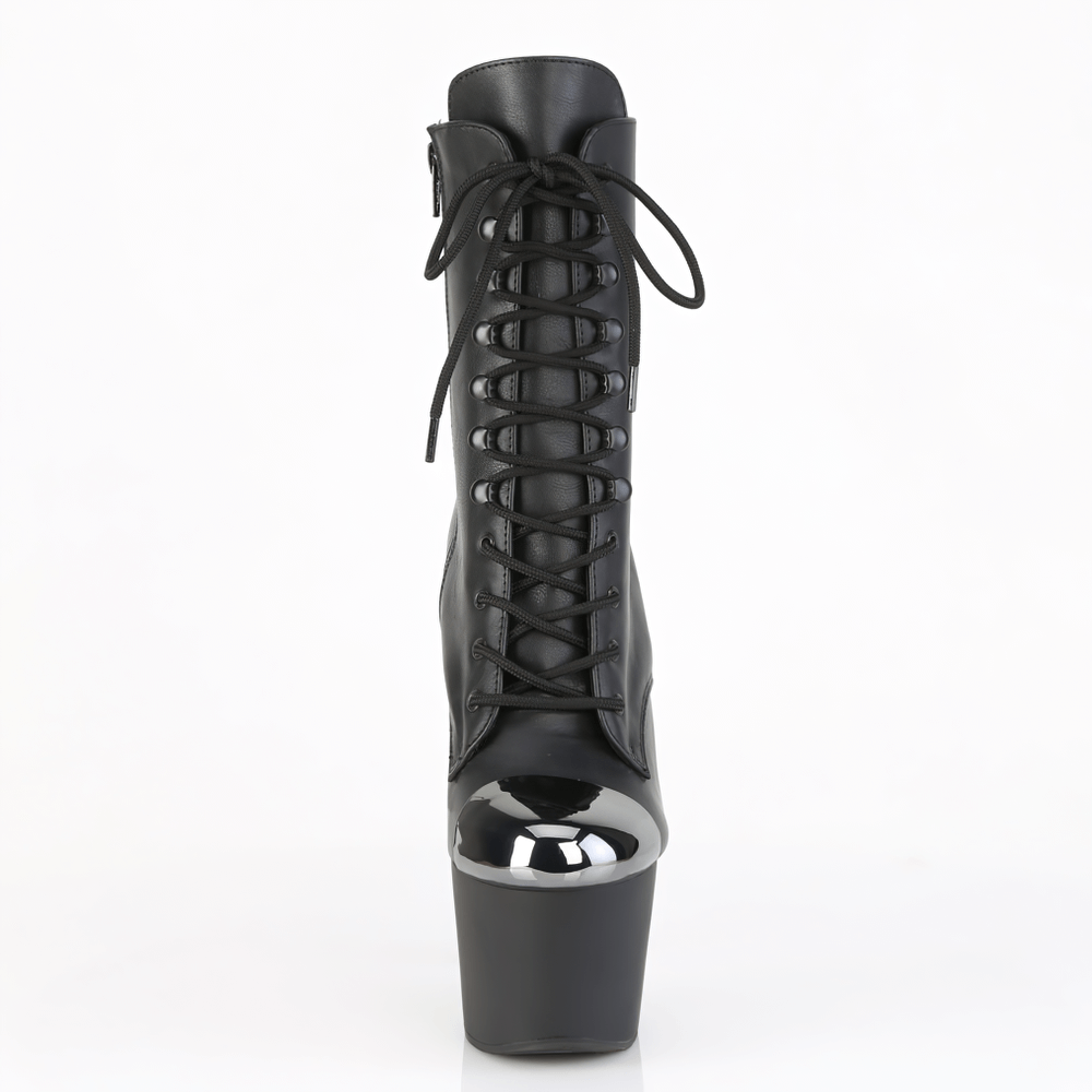 Sleek black lace-up ankle boots with steel caps and shiny platform heel, perfect for a bold fashion statement.