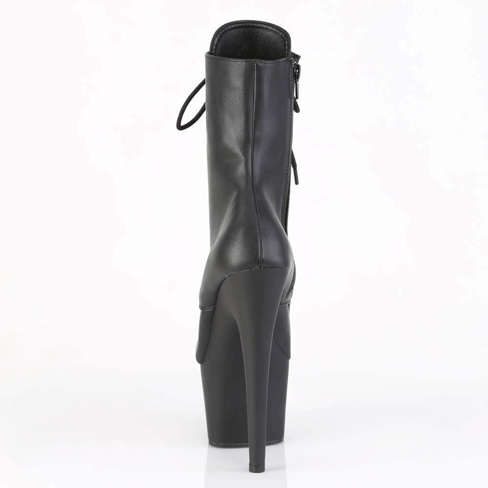 Back view of PLEASER Black Lace-Up Ankle Boots with Steel Caps showcasing a sleek design and towering 7-inch heel.