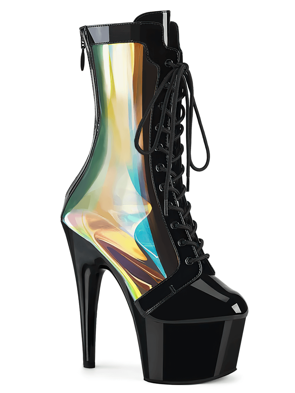 Bold black lace-up stiletto boots with holographic panels and platform, featuring a striking 7-inch heel.
