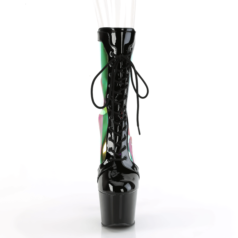 Elegant black lace-up boots with holographic panels and a bold platform style.