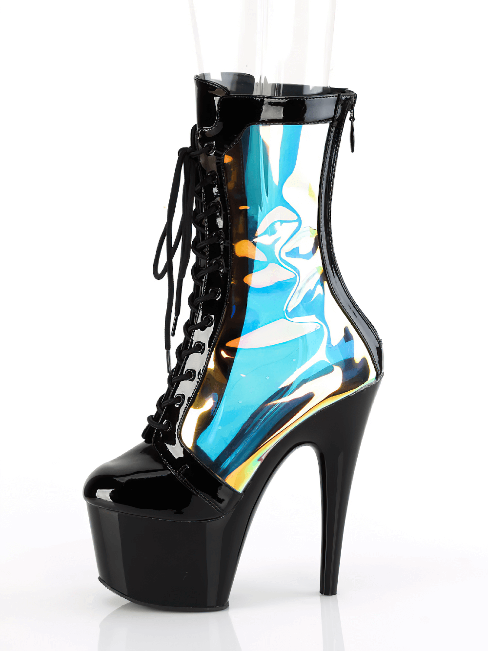 PLEASER black lace-up stiletto boots with holographic panels and zip closure, showcasing a striking high heel and platform.