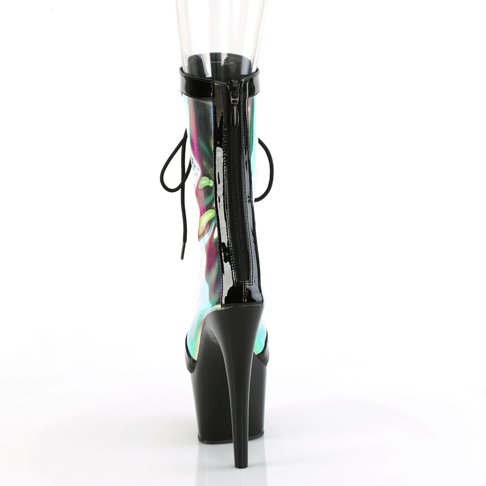 Back view of PLEASER black lace-up boots with holographic panels and stiletto heel for a bold look.