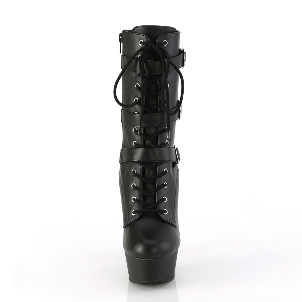 PLEASER Black Lace-Up Buckles Strap Mid-Calf Gothic Platform Boots with 6-inch heel and 1.75-inch platform.