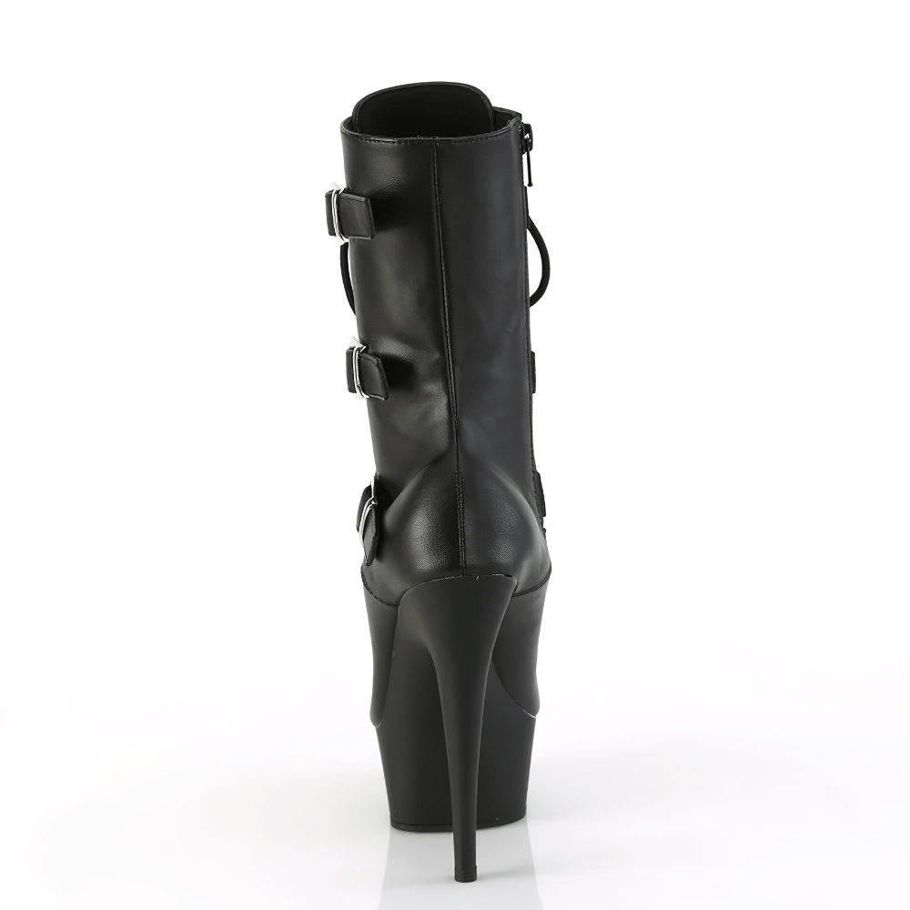 Back view of PLEASER black lace-up mid-calf boots with triple buckles and high heel.