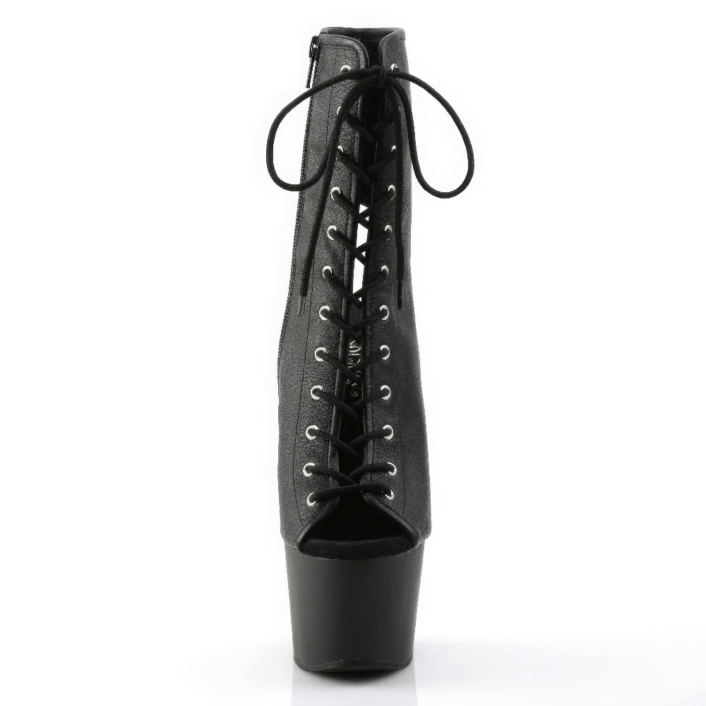 Daring black lace-up heel ankle boots with open toe and high platform, featuring a secure side zip for easy wear.