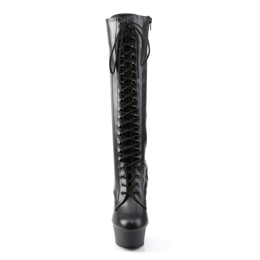 Sleek black lace-up knee boots with 6-inch stiletto heel and side zipper, perfect for daring fashion.
