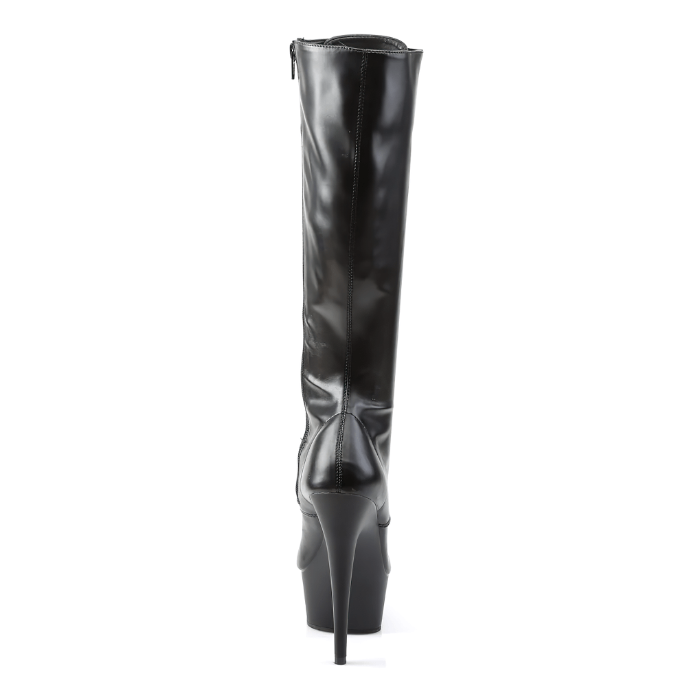 Black lace-up knee boots with 6-inch stiletto heel, showcasing sleek design and full inner zipper.