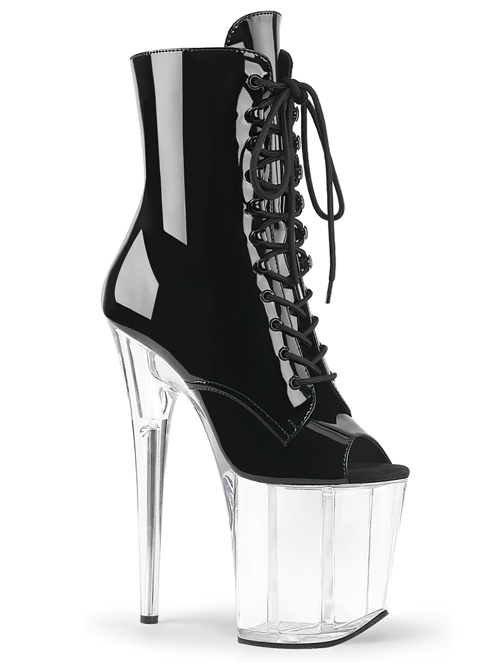 Stylish black lace-up peep toe ankle boots with 8-inch clear stiletto heel and bold platform design.