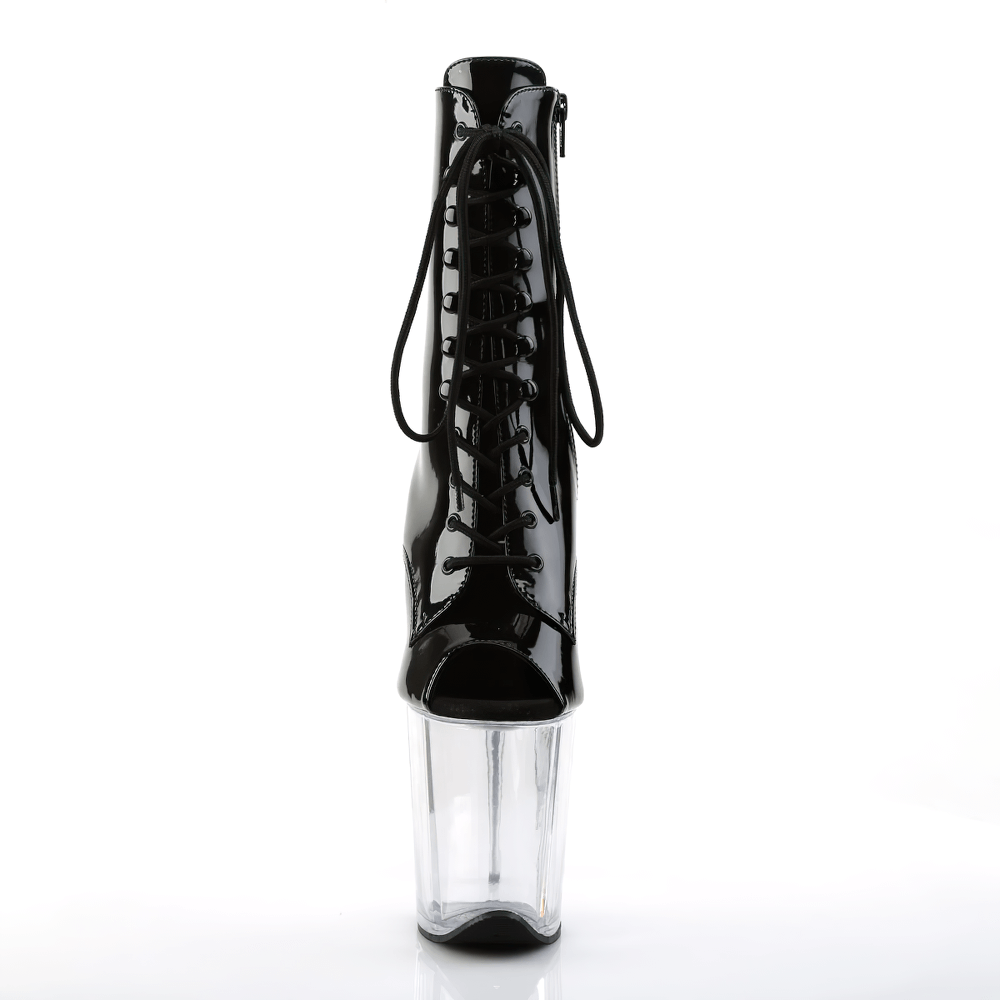 Stylish black lace-up peep toe ankle boots with 8-inch clear heel and inner zip closure.