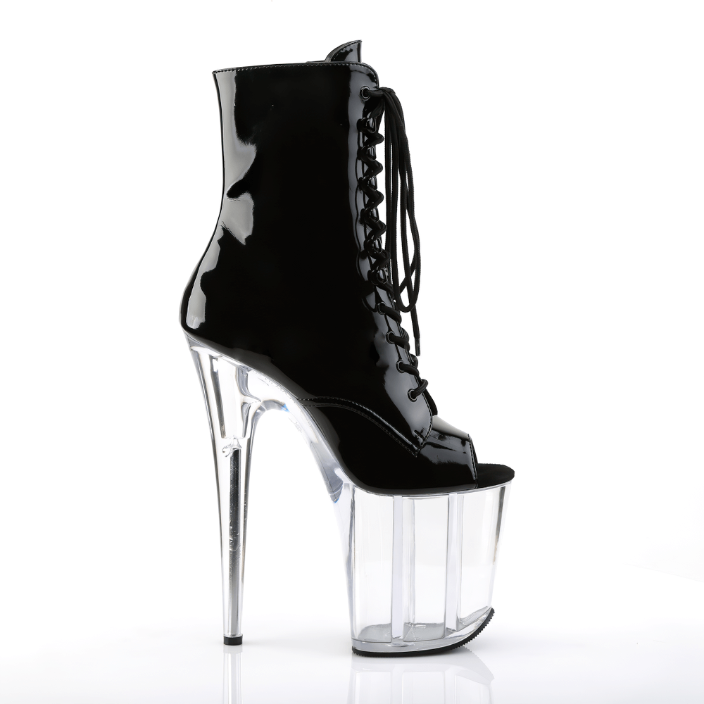 Striking black lace-up ankle boots with peep toe and 8-inch clear stiletto heel.