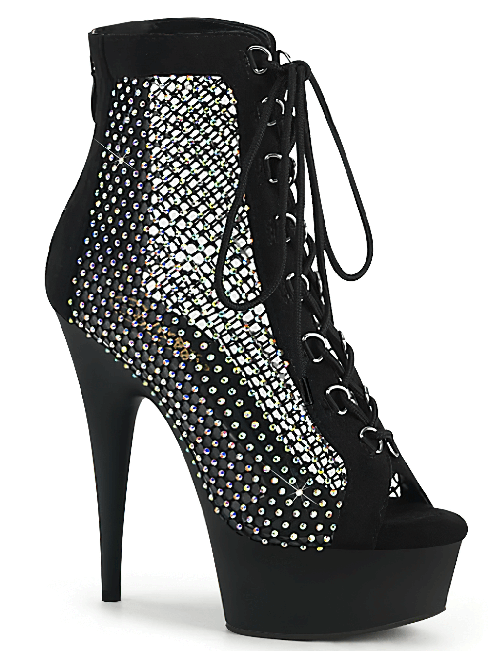 Shimmering black lace-up peep-toe heels boots with rhinestone mesh panels and a stylish platform.
