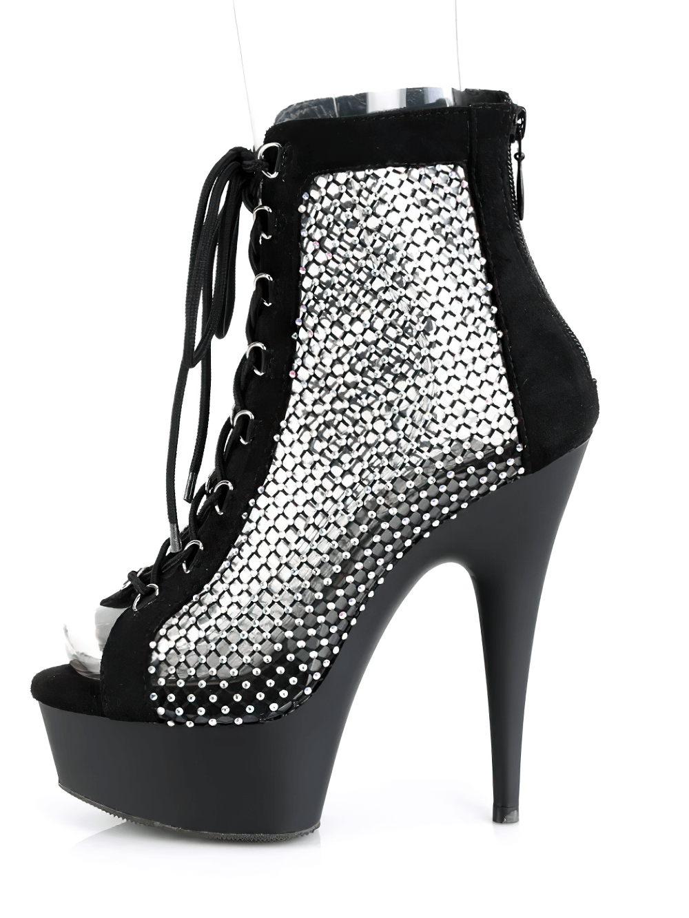 Black lace-up peep-toe stiletto boots with rhinestone mesh panels and platform heels, perfect for glamorous occasions.