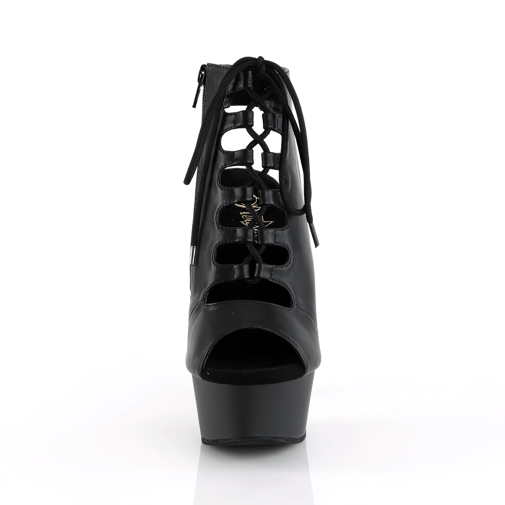 Front view of PLEASER Black Lace-Up Platform Ankle Booties with open toe and stiletto heel.