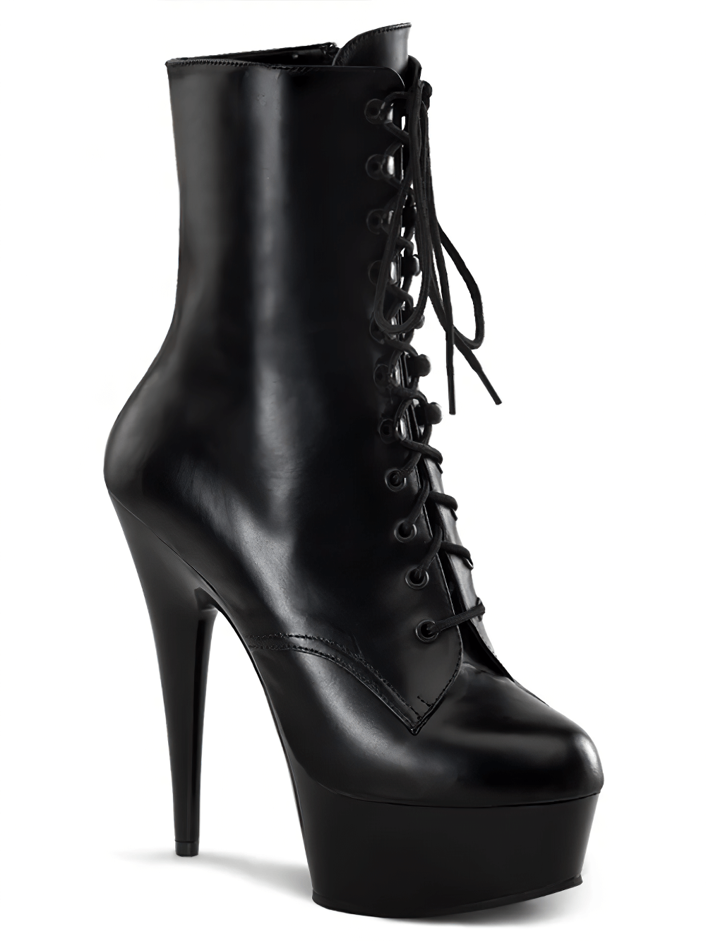 PLEASER black lace-up stiletto heel ankle boots with platform and side zipper, perfect for a bold fashion statement.