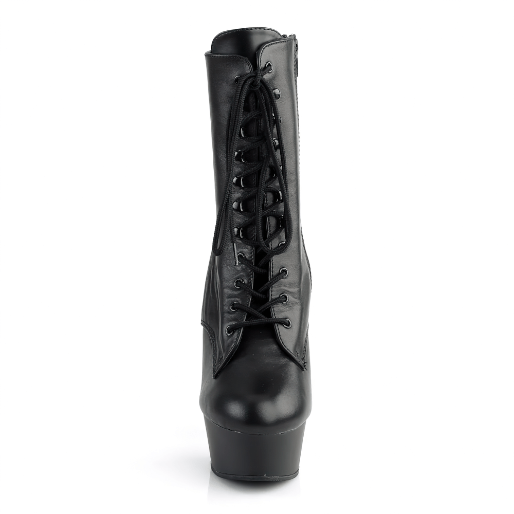 PLEASER Black Lace-Up Stiletto Heel Ankle Boots with Platform, featuring a front laced design and side zip for a secure fit.