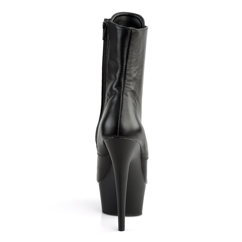 Black lace-up stiletto heel ankle boots with platform, showcasing a sleek back view and inner side zip.