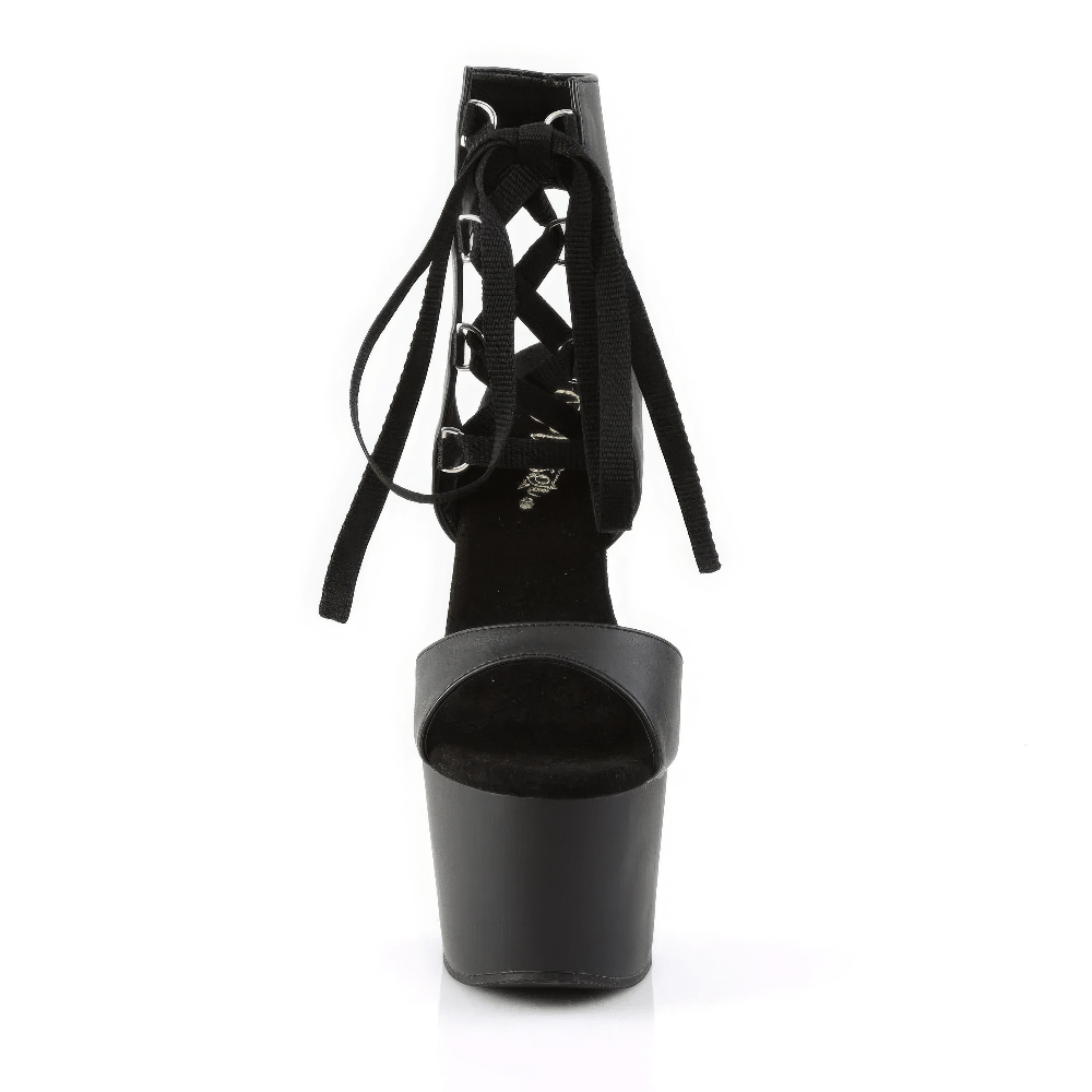 Front view of Pleaser black lace-up stiletto heels with platform, featuring stylish vegan leather design.