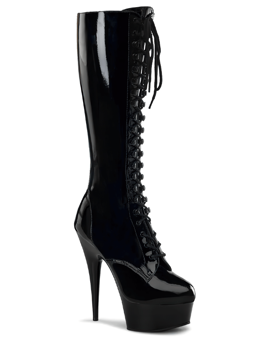 Sleek black lace-up stretch knee boots with a 6-inch stiletto heel and full side zipper, perfect for bold fashion statements.