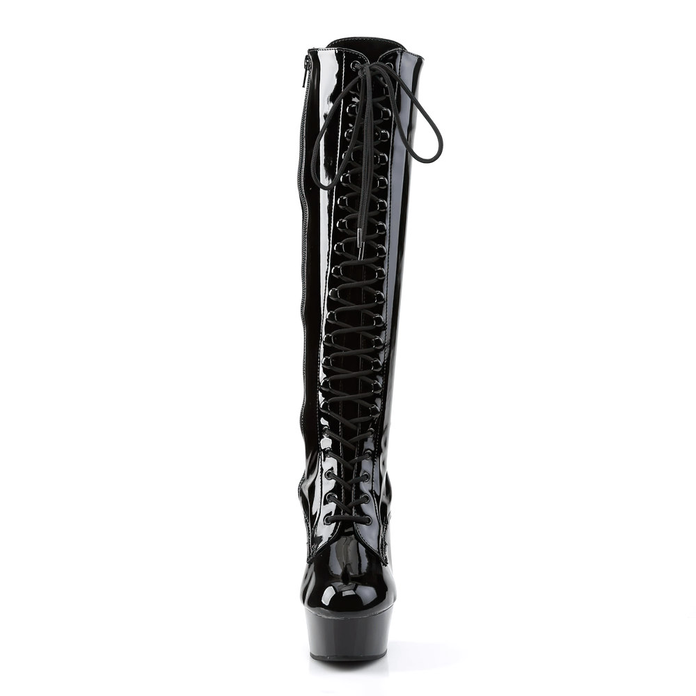 Sleek black lace-up stretch knee boots with a stiletto heel and platform, showcasing elegance and confidence.