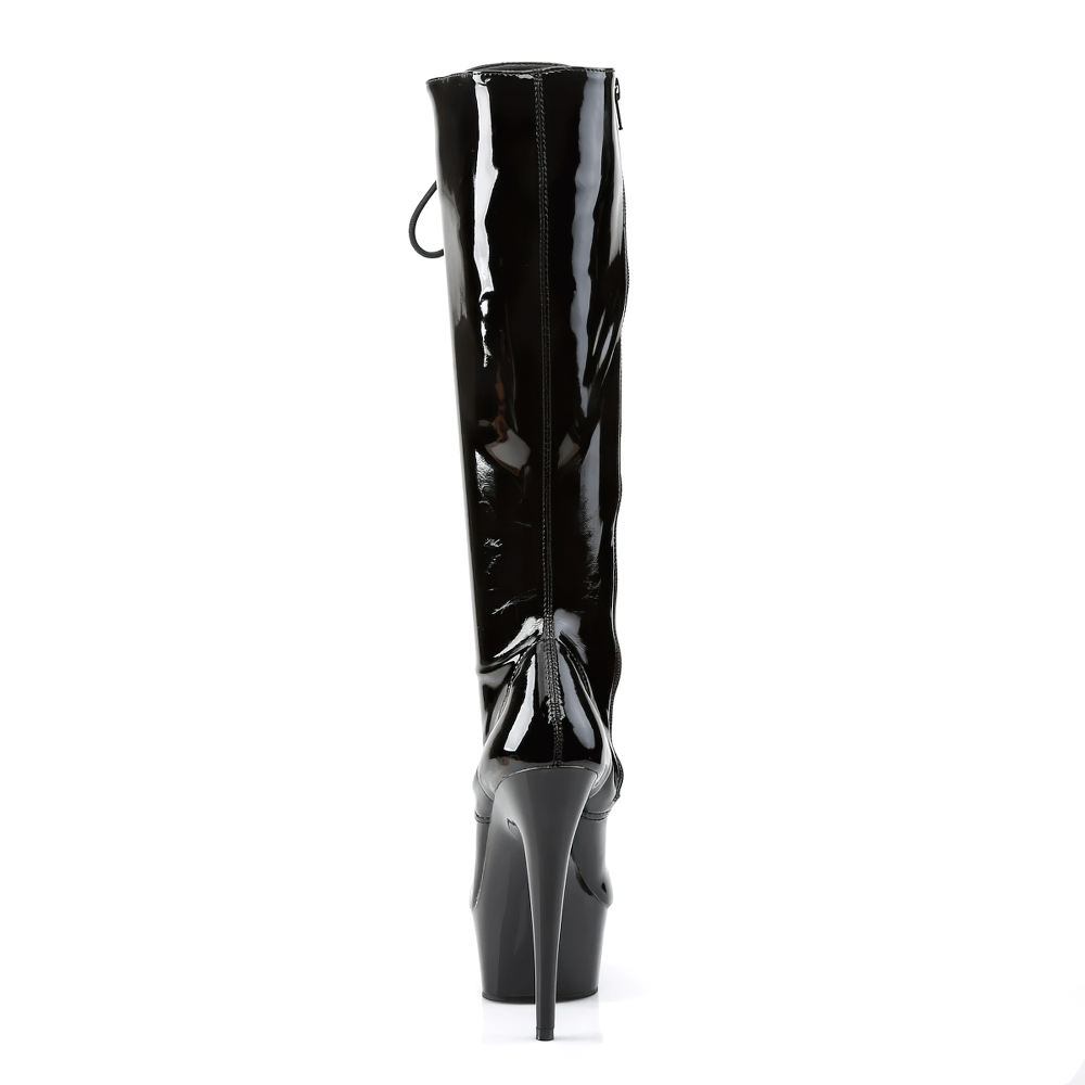Sleek black lace-up stretch knee boots with a 6-inch stiletto heel and full side zipper, perfect for a bold fashion statement.