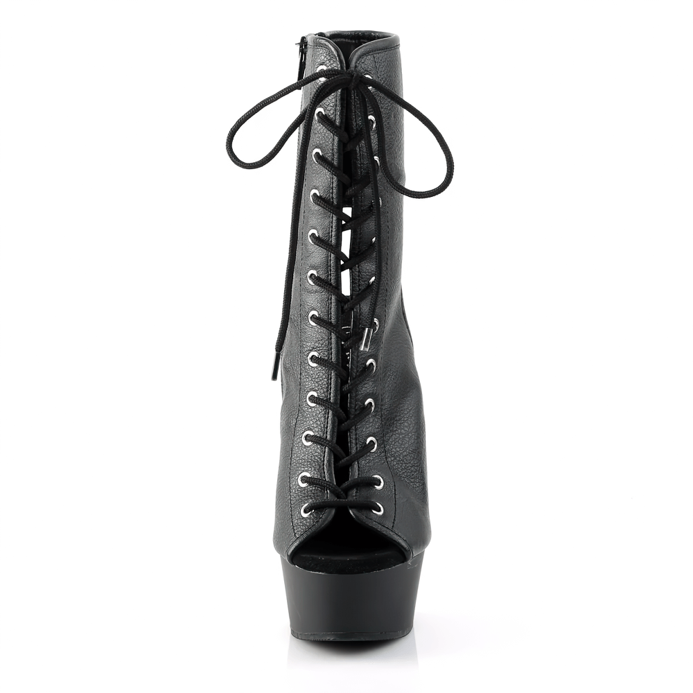 PLEASER Black Open Toe Lace-Up Stiletto Boots with 6-inch heel and 1.75-inch platform for daring elegance.