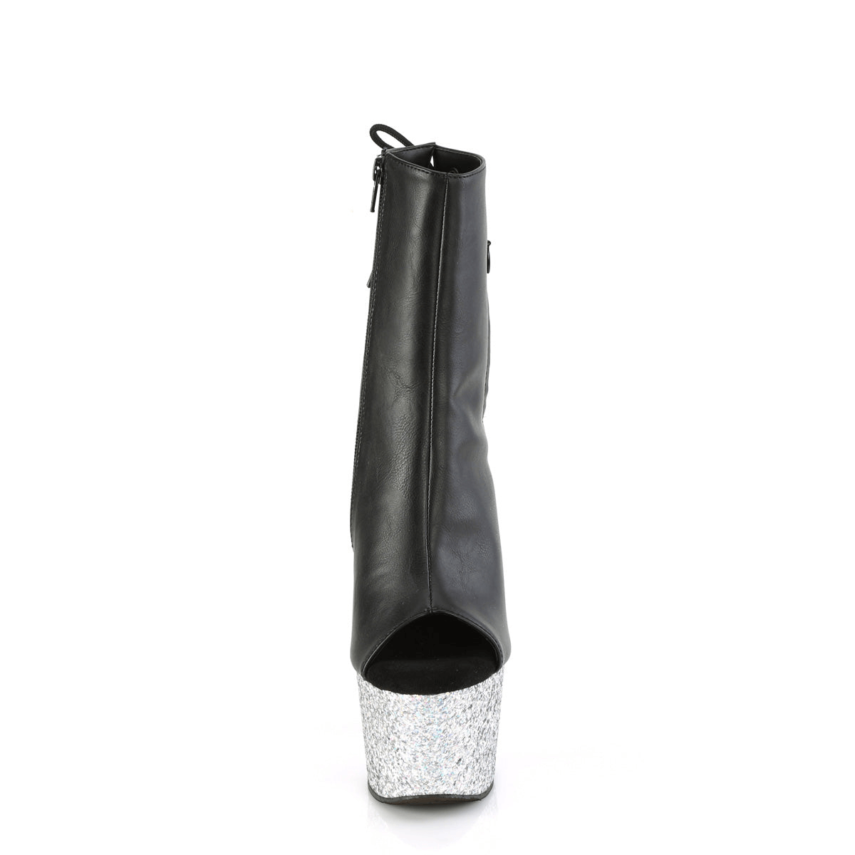 Black open-toe ankle boots with glitter platform and lace-up back for a bold statement look.