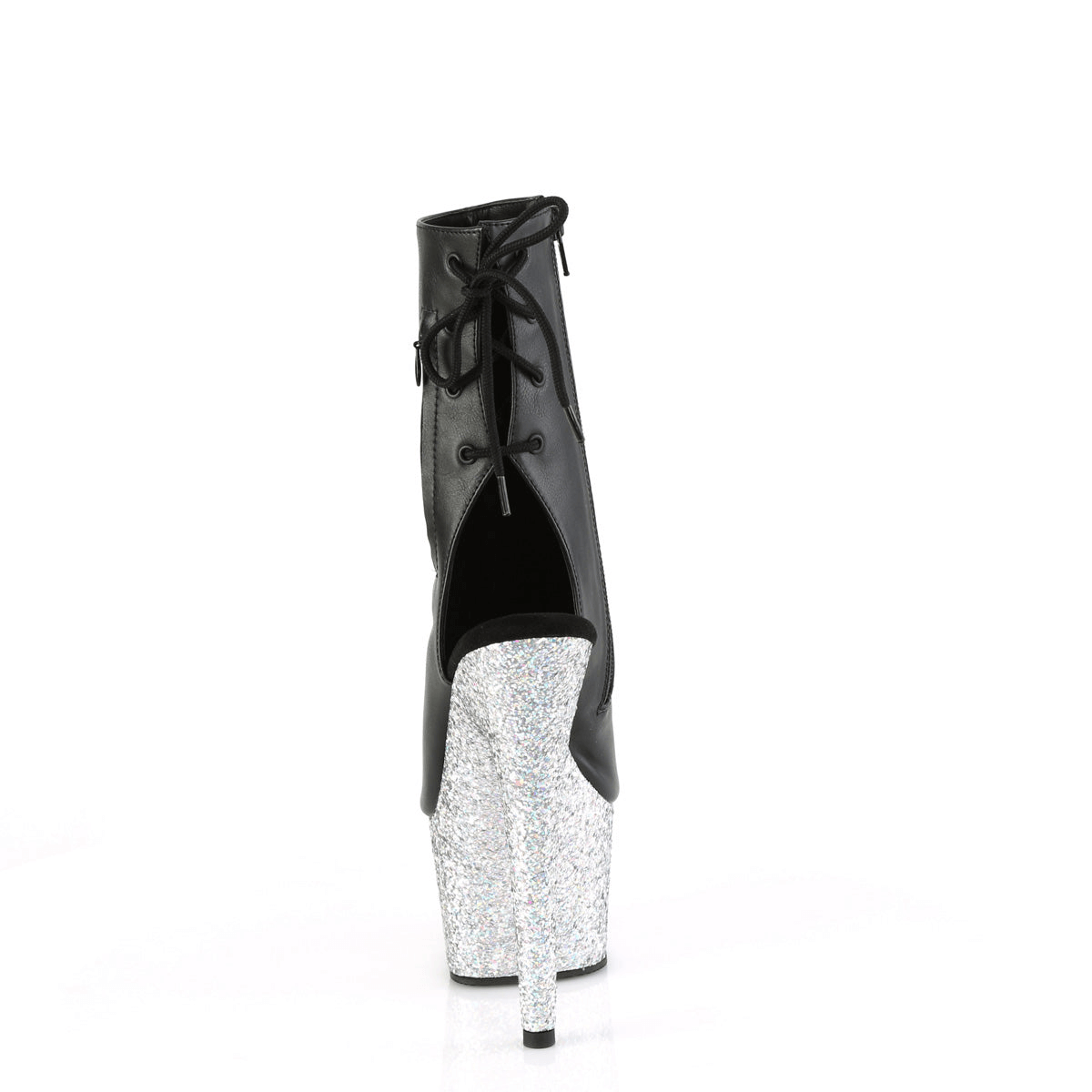 Black open-toe ankle boots with silver glitter platform and lace-up back design, showcasing a bold 7-inch heel.