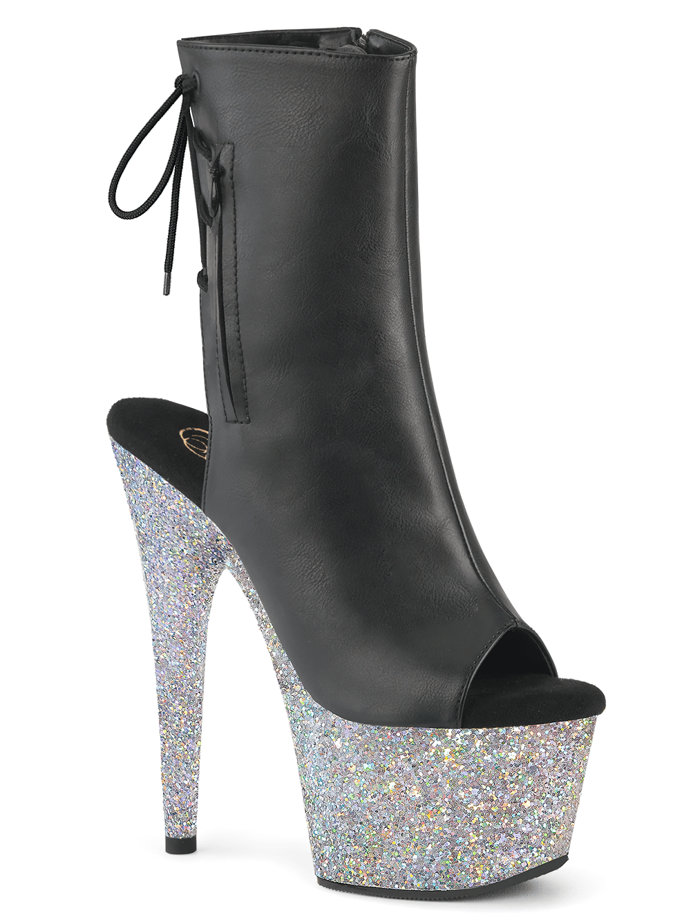 Bold black open-toe ankle boots with glitter platform and lace-up back, perfect for striking styles.