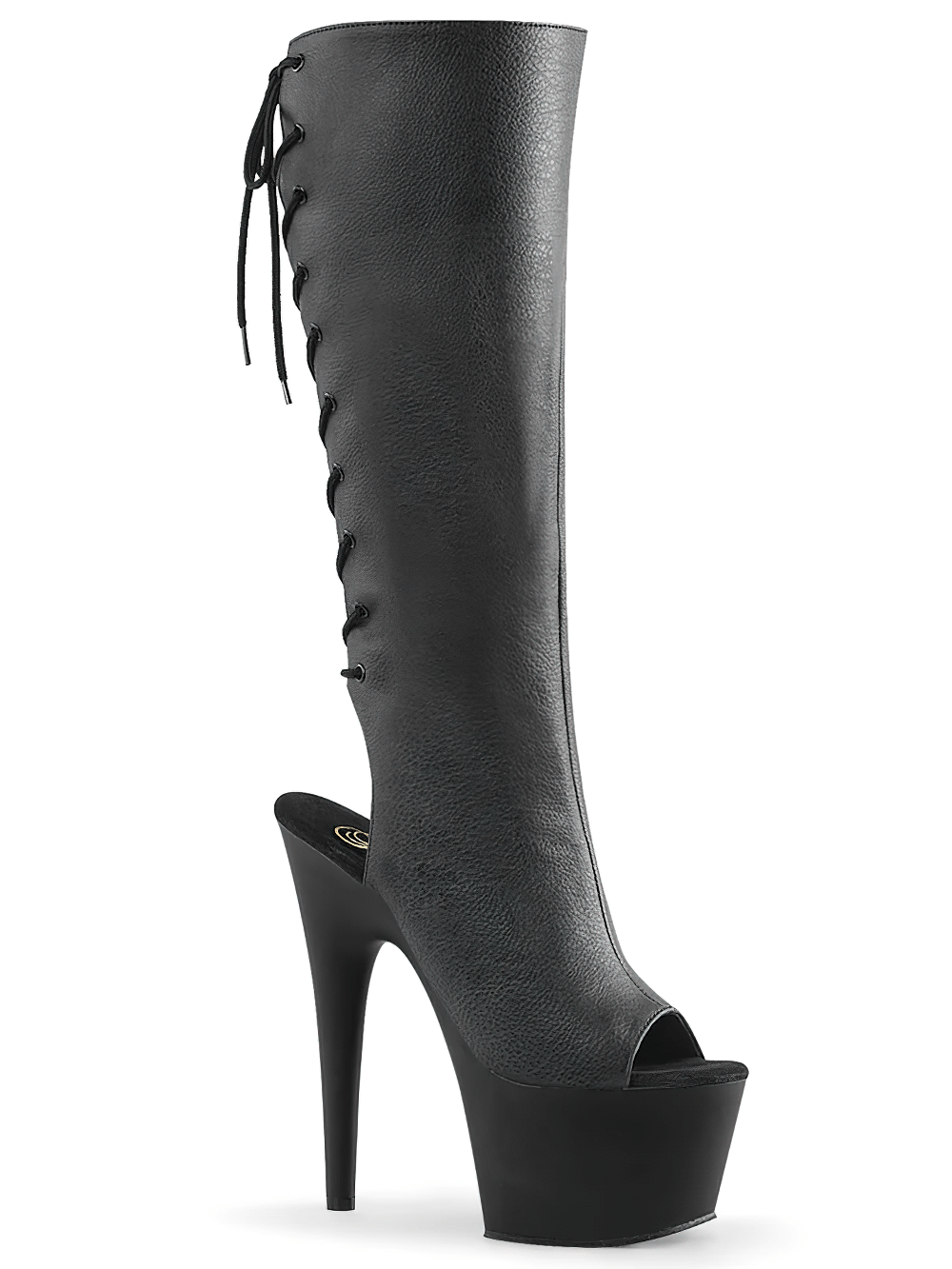 Stylish Pleaser black open-toe high boots with laces and 7-inch stiletto heels, perfect for a bold fashion statement.