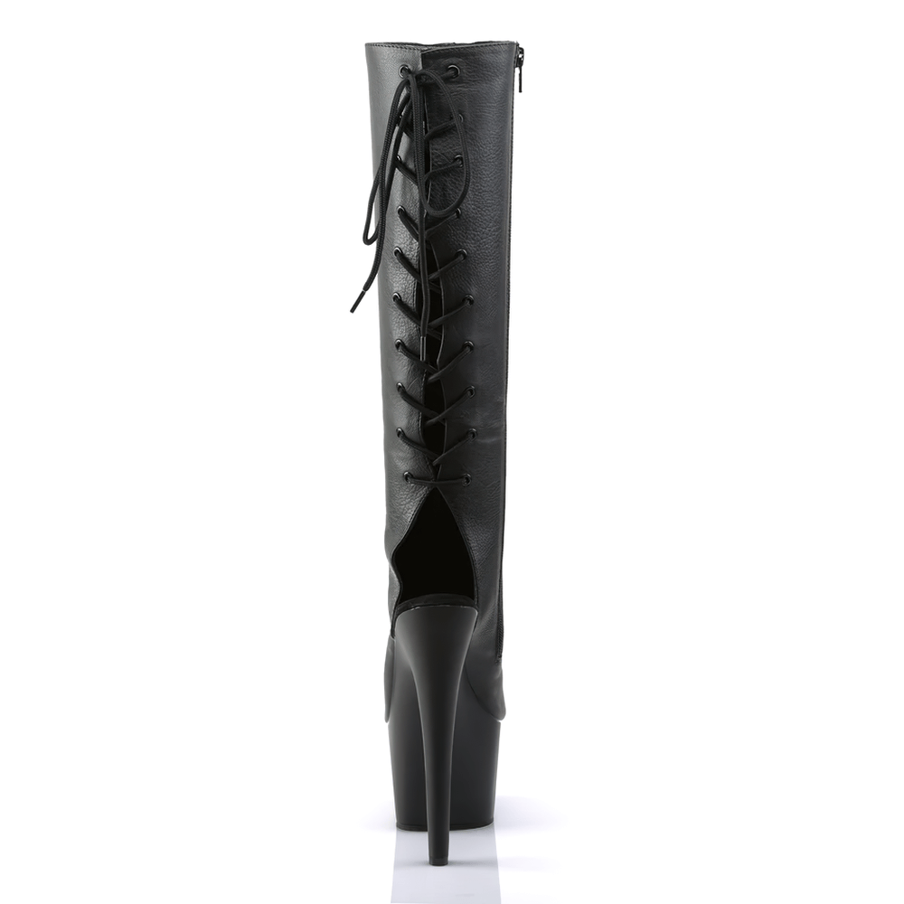 Sleek PLEASER black open-toe lace-up high boots with 7-inch stiletto heels and side zip closure.