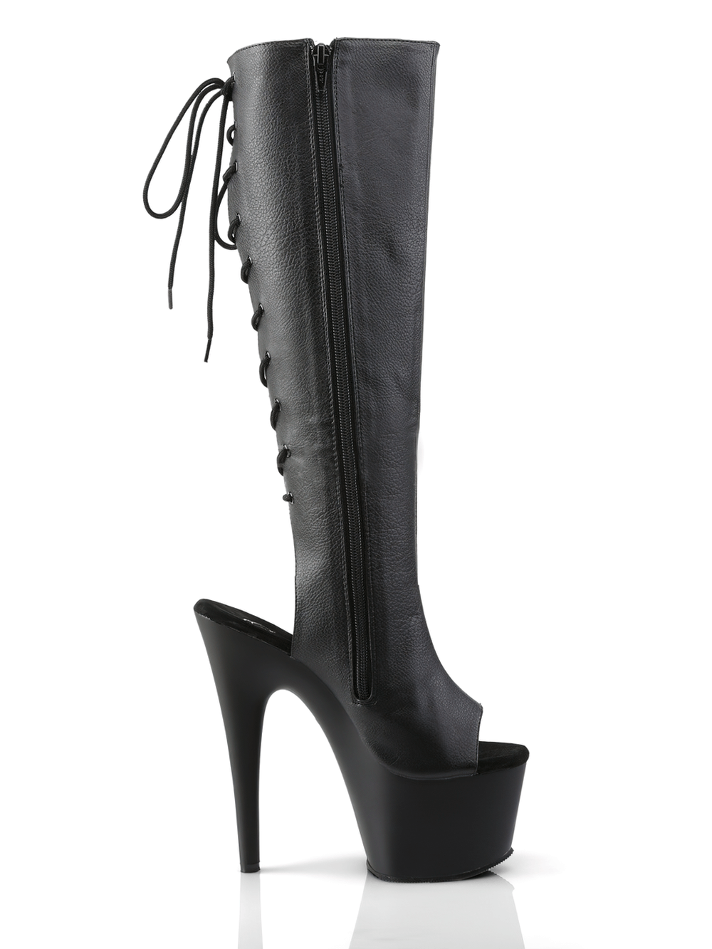 Black open-toe lace-up high boots with 7-inch stiletto heels and side zip closure.
