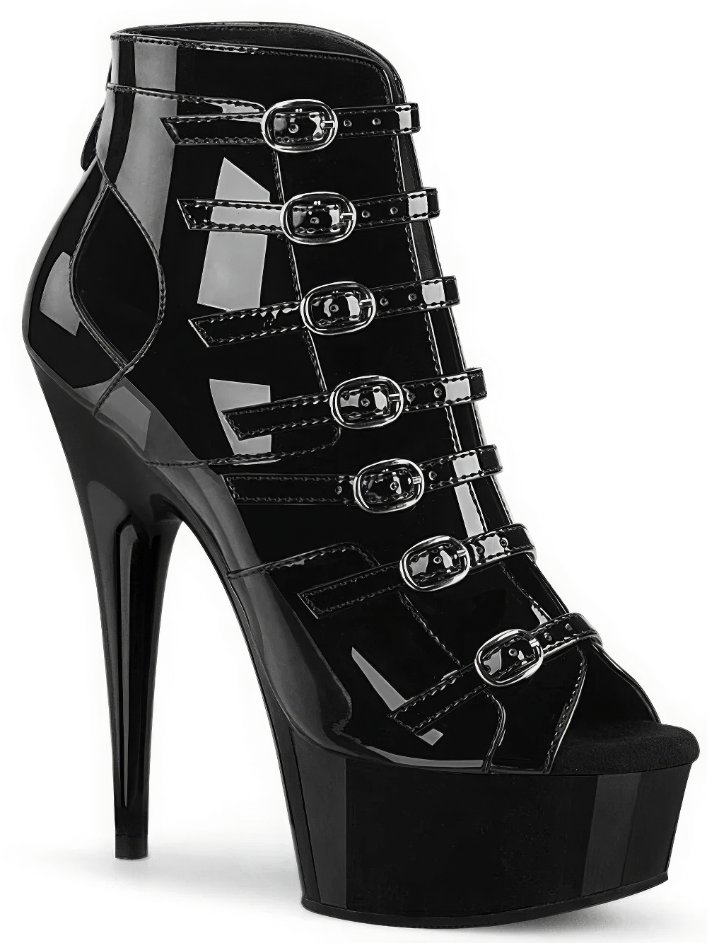 Black patent buckled strappy heels with platform and open toe design, perfect for a bold and stylish look.
