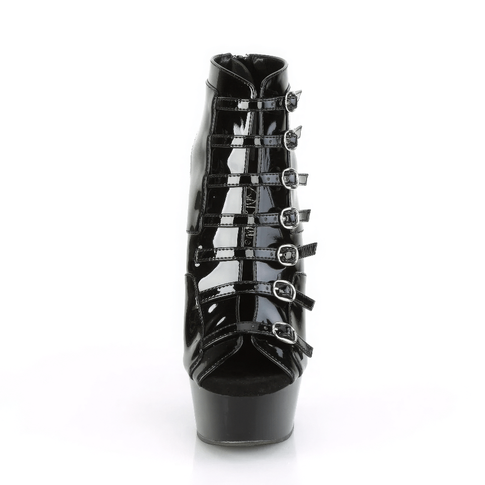Stylish black patent buckle-up strappy heels with open toe and high platform design.