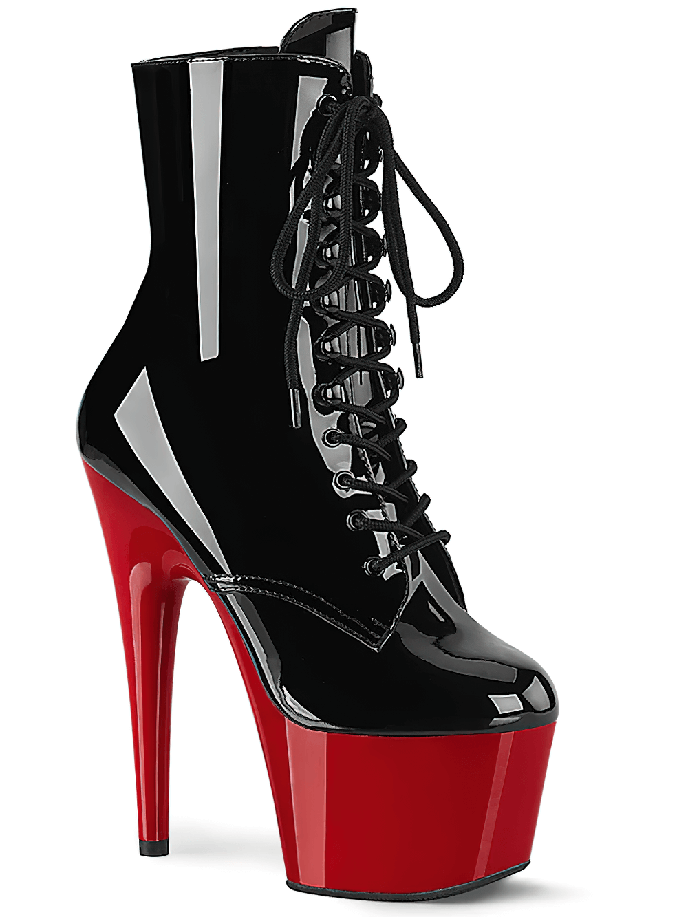 Black patent lace-up ankle boots with bold red heels, featuring a 7-inch stiletto and 2.75-inch platform.