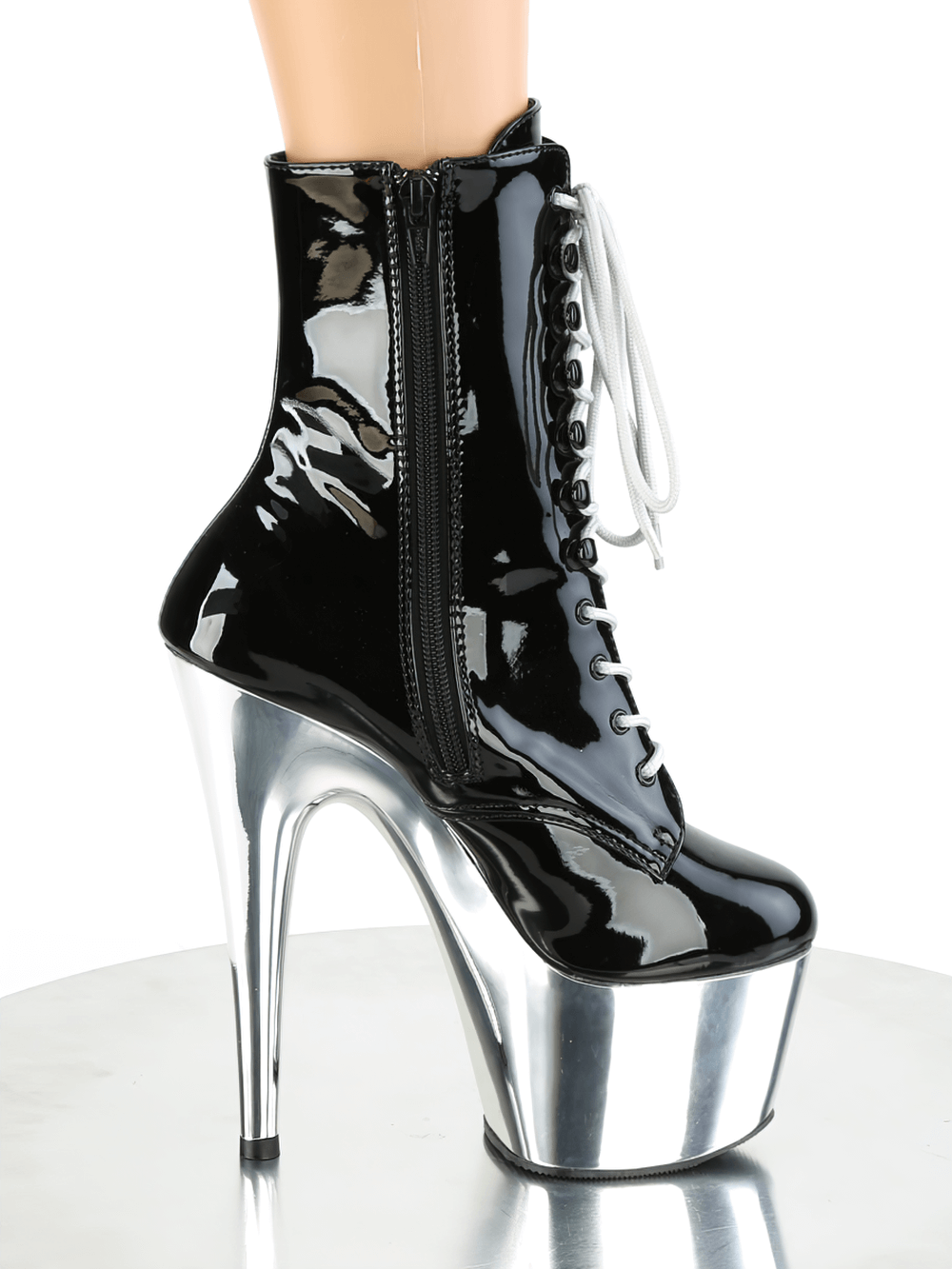 Shiny black patent lace-up boots with chrome platform and stiletto heel, featuring side zipper for easy wear.
