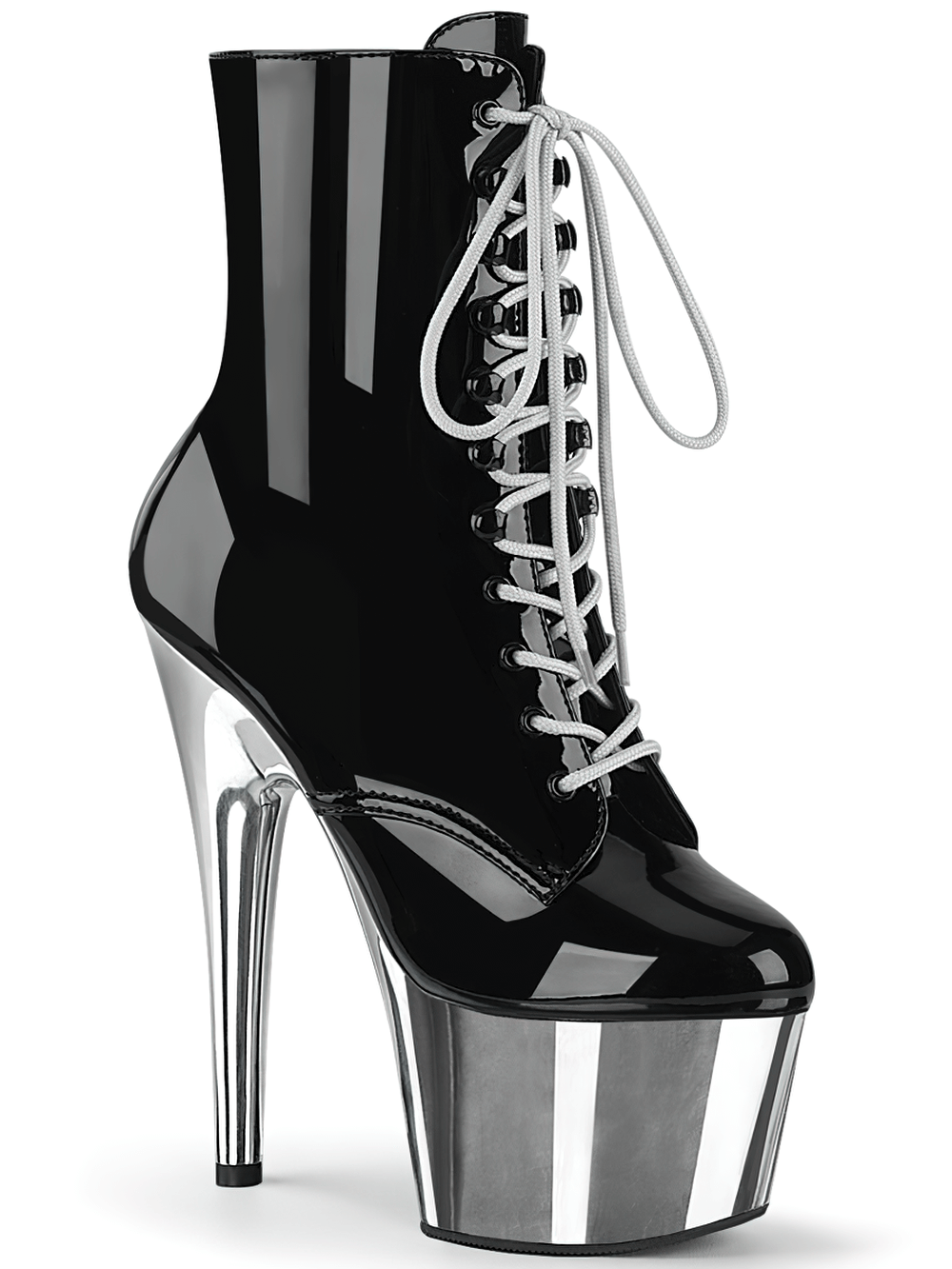 Shiny black patent lace-up ankle boots with silver platform and stiletto heels.