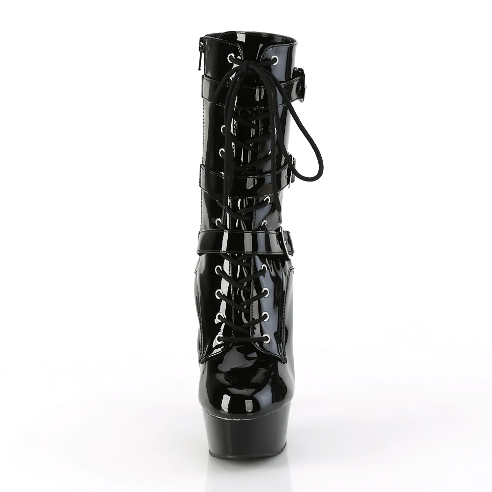PLEASER black patent lace-up triple buckle mid-calf boots with 6-inch heel and 1.75-inch platform.
