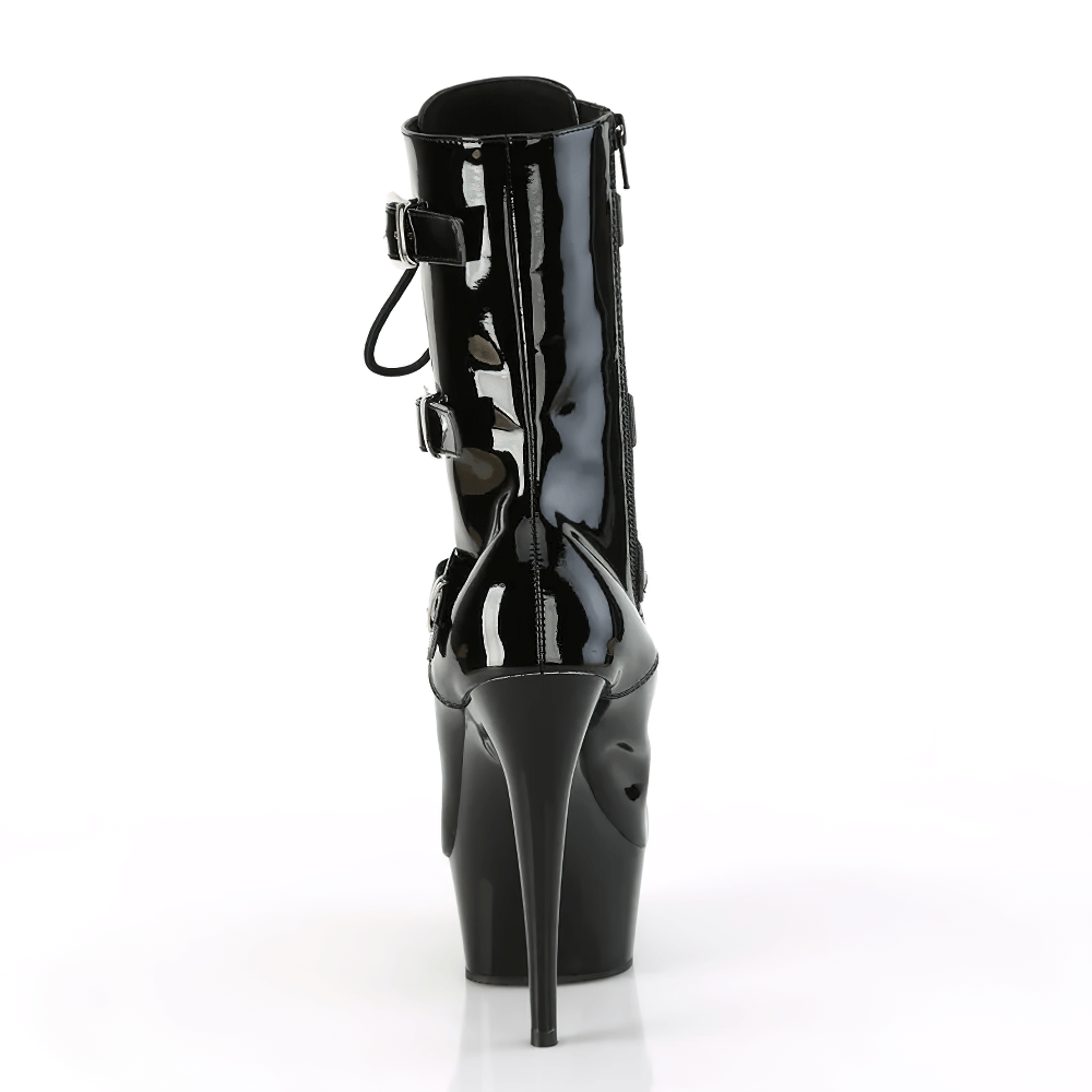 Back view of Pleaser black patent lace-up triple buckle heeled boots for women, featuring a tall stiletto heel.