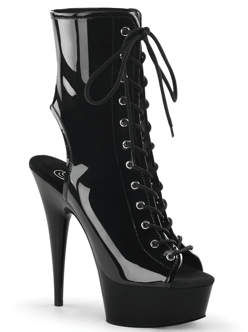 PLEASER Schnür-Stiefeletten aus schwarzem Lackleder mit offener Spitze und Absatz