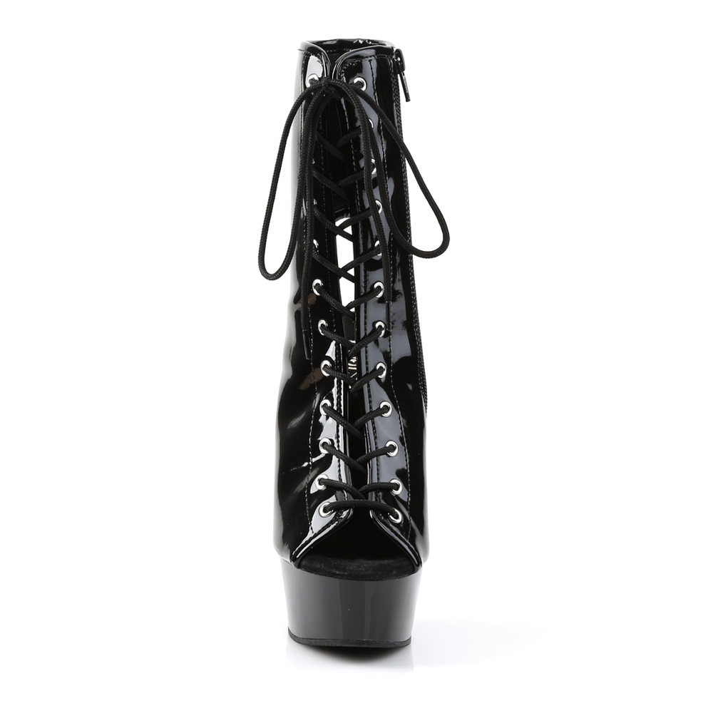 Bold black patent lace-up ankle boots with open toes and heels, featuring a striking 6-inch stiletto heel.