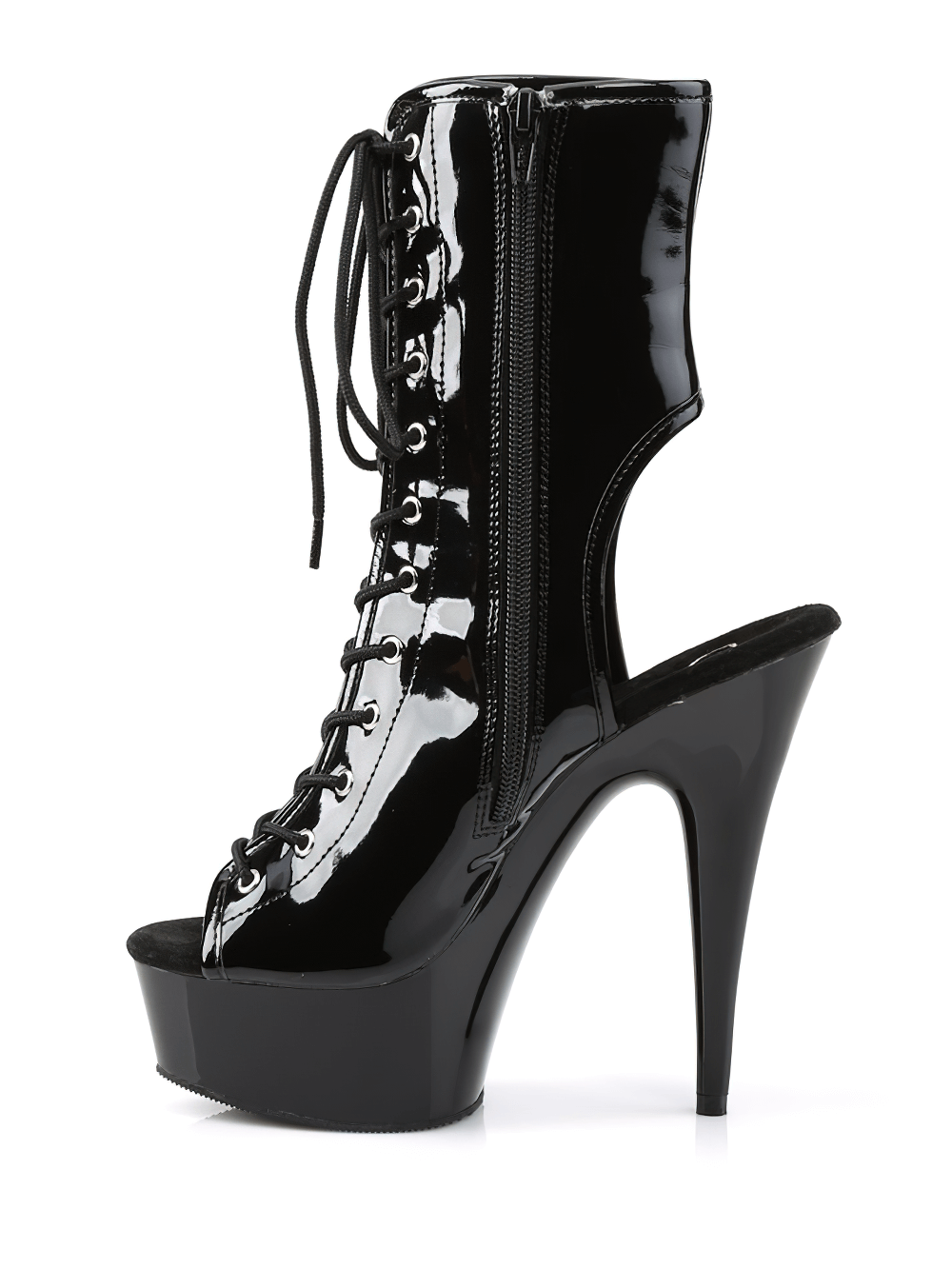 Sleek black patent lace-up ankle boots with open toes and heels, featuring a bold 6-inch stiletto heel.