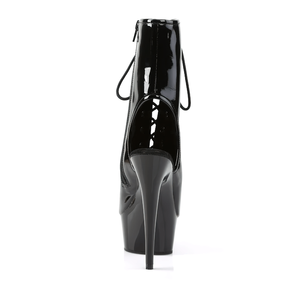 Sleek black patent lace-up ankle boots with a stiletto heel, showcasing a stunning back view.