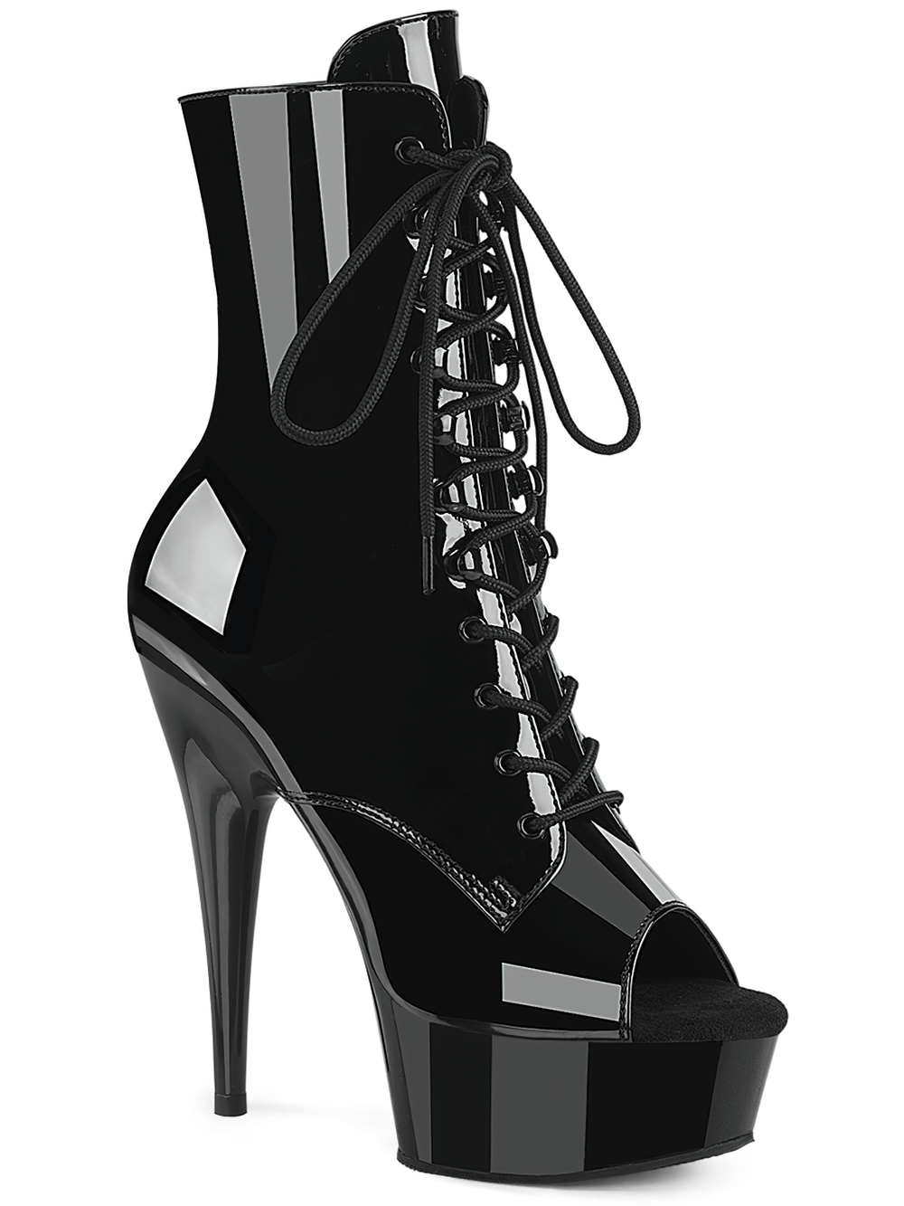 High heel black patent peep toe ankle boots with platform and lace-up design for a chic look.
