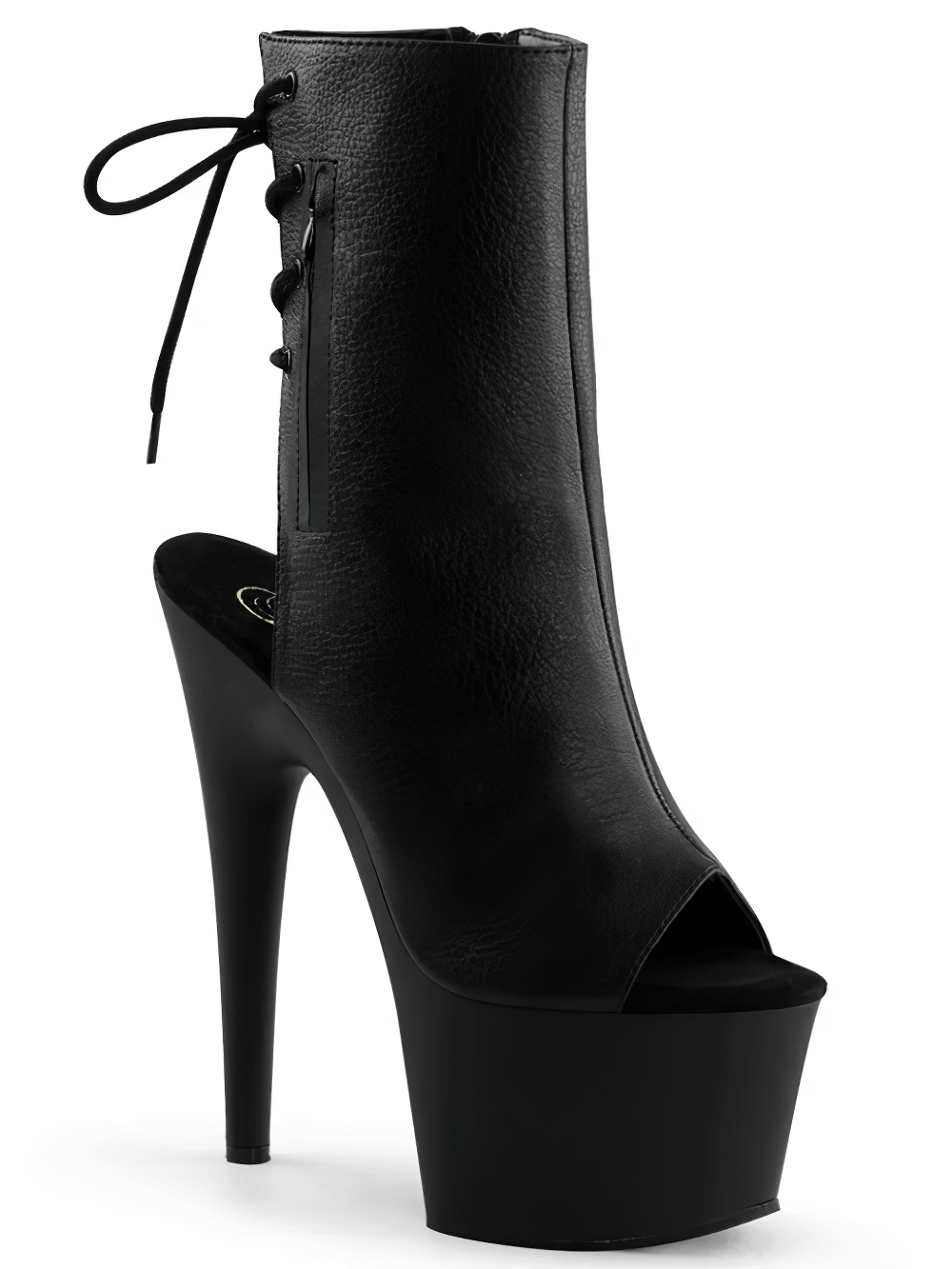 PLEASER Black Peep Toe Boots featuring a towering 7-inch heel, back lace-up, and hidden zip pocket for practicality.