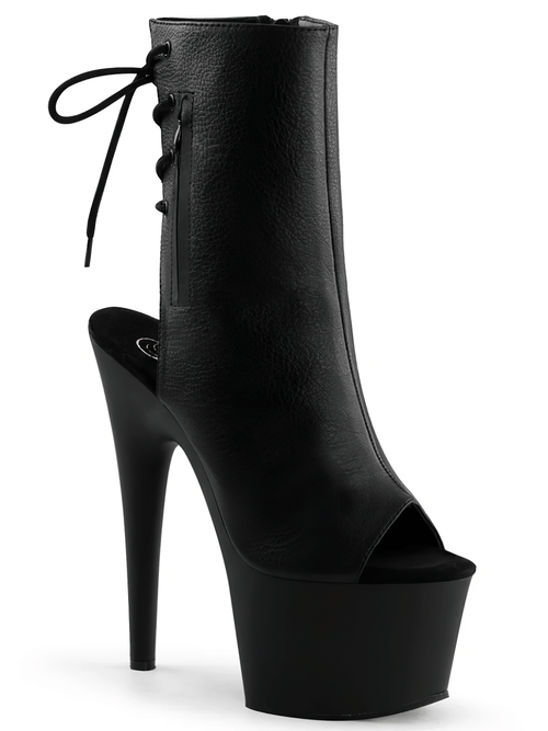 PLEASER 黒色のつま先開きブーツ 後ろ編み上げ付き