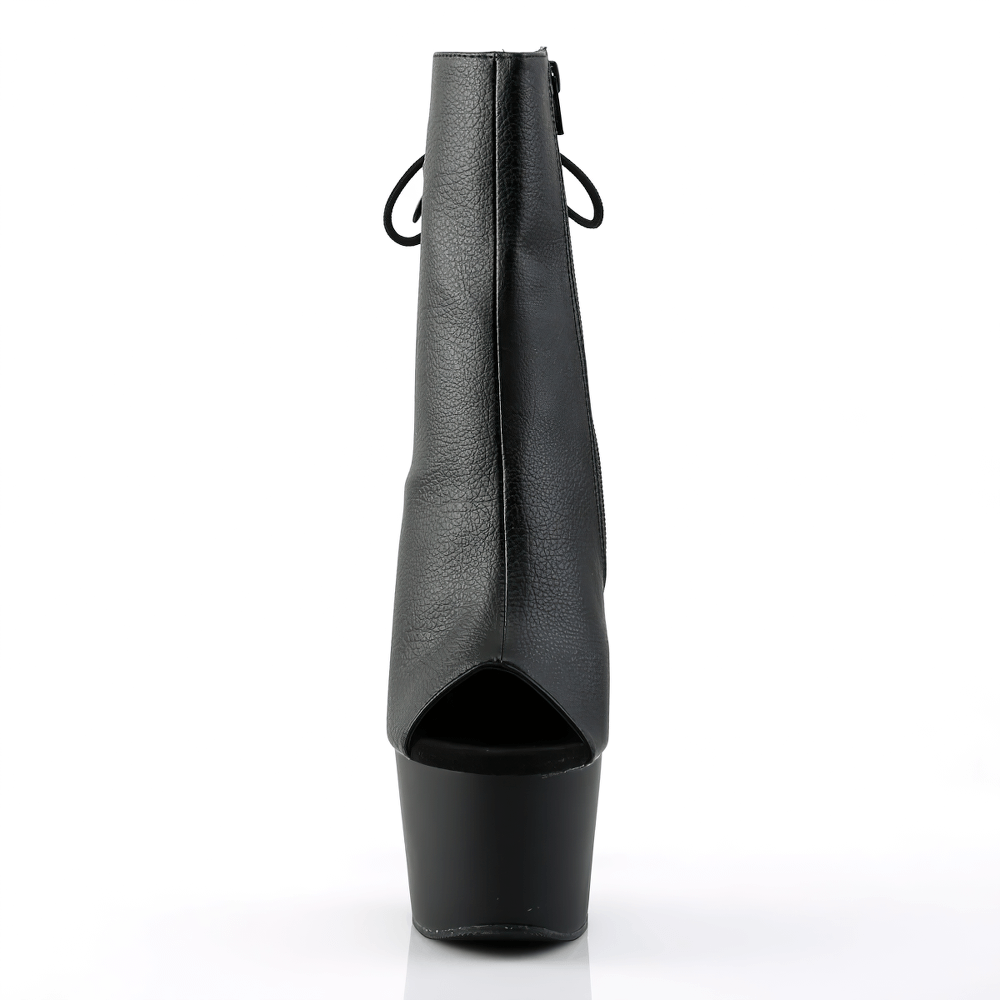 Black peep toe ankle boots with back lace-up, 7-inch heel, and hidden zip pocket for a stylish look.